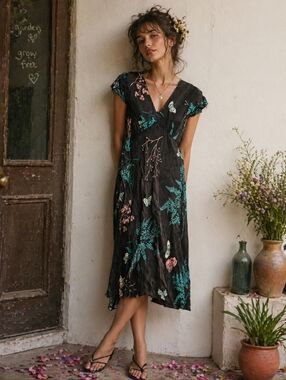 Vintage 90s April Cornell Butterfly Dress Size S Split Sleeve Beaded Fairy Y2K